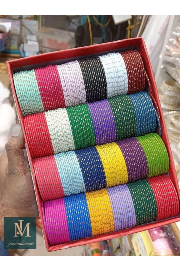 Metal Bangles Set (12 Dozen 2.6 Size ) Assorted Colors, Indian Wedding Favors Multicolor Glitter Dot Bangles Set for Women & Girls | Party, Festive & Daily Wear Chudi Set