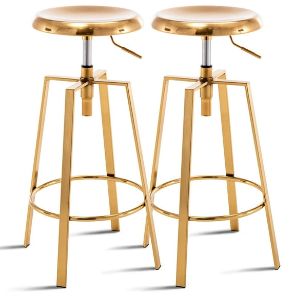 Metal Bar Stools Set of 2, Modern Backless Adjustable Swivel Counter Height Barstools with Bullnosed Seat, Hoop Footrest, Rubber Pads for Kitchen Island, Bar, Dining or Pub (Gold)