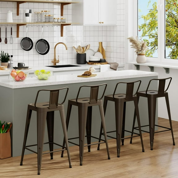 Metal Bar Stools Set of 4 Indoor/Outdoor Counter Height Bar Chairs, Bar Stools with Back Counter Height for Kitchen Island Dining Room (Rusty, 26inch)