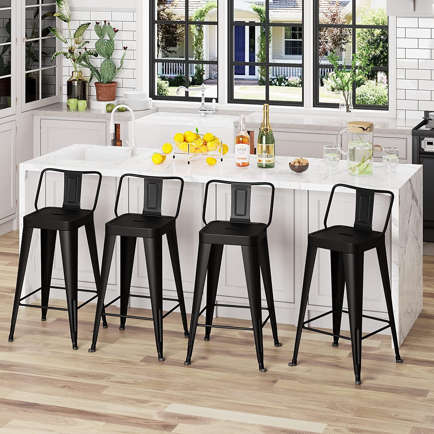 WENTMENT Metal Bar Stools Set of 4 Counter Height Bar Stools Black