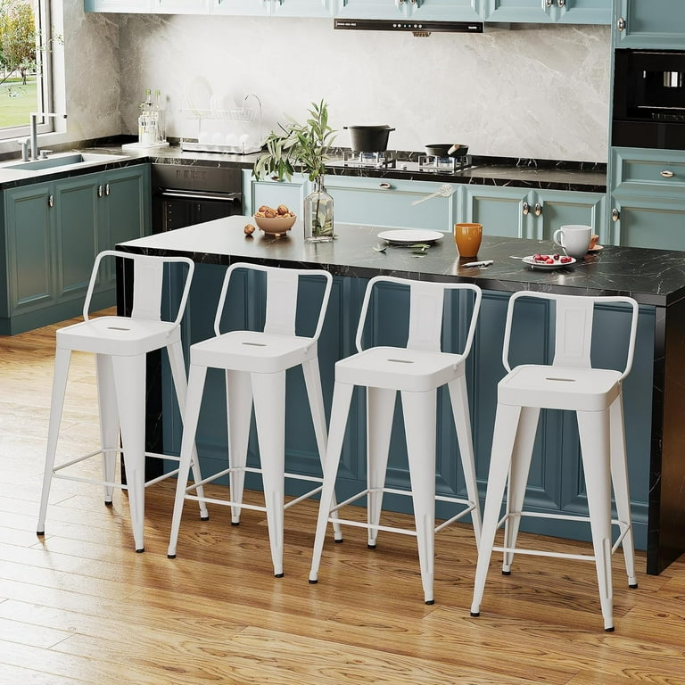 Metal Bar Stools Set of 4 Counter Height Bar Stools White Barstools with Removable Back 26 Kitchen Bar Stools