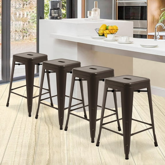 Metal Bar Stools Set of 4, Counter Height Stackable Barstools, 24 inch Indoor Outdoor Backless Patio Bar Stool Kitchen Dining Stool, 330Lbs BRONZE