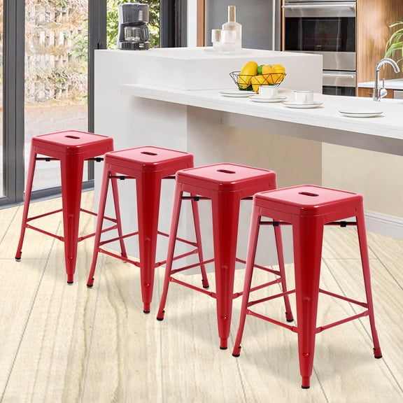 Metal Bar Stools Set of 4, Counter Height Stackable Barstools, 24 inch Indoor Outdoor Backless Patio Bar Stool Kitchen Dining Stool, 330Lbs RED