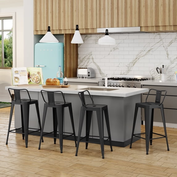 Metal Bar Stools Set of 4 Industrial Bar Height Stools with Back Bar Chairs