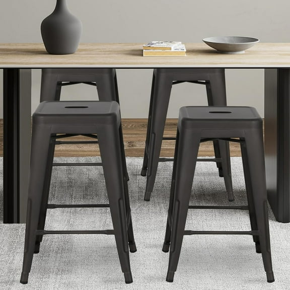 Metal Barstools Set of 4, 24 Inch Counter Height Backless Stools, Industrial Indoor/Outdoor Stackable Bar Chairs with Footrest for Kitchen/Dining Room/Bistro/Patio, Brown