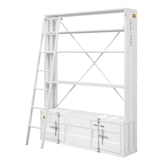 Benjara Metal Base Bookshelf and Ladder with 2 Extra Storage Compartments, White
