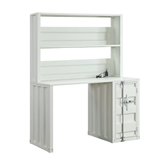 Metal Base Desk and Hutch with Slated Pattern and Storage Compartment, White - Saltoro Sherpi