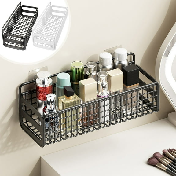 Metal Basket Wall Storage Organizer | Stainless Steel Black Rack for Kitchen, Bathroom, Shower, Countertop, Seasoning, Toiletries | 30x12x10cm | Includes 2 Hooks