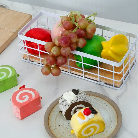 Metal Basket with Wood Base Rectangular Metal Wire Basket Elegant Metal Wire Storage Basket Decorative Toilet Paper Basket Versatile Bathroom Basket for Bathroom Kitchen