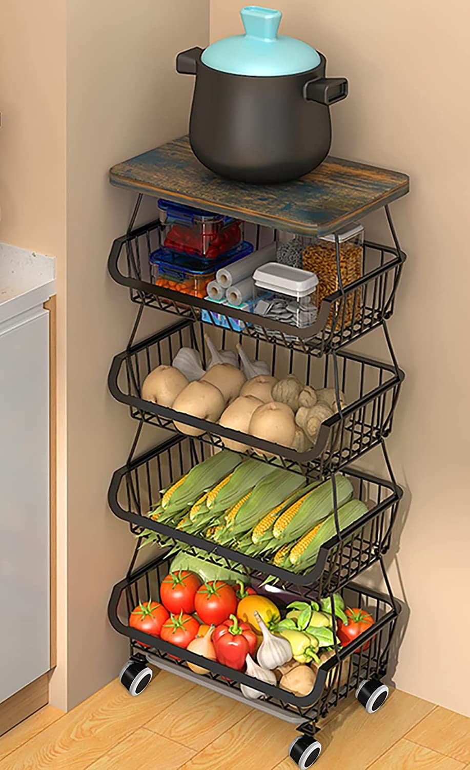 Metal Baskets Organizer Rack With Wood Table Top 5 Tier Stackable ...