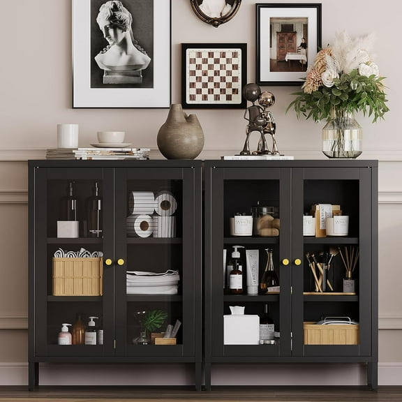 Metal Bathroom Cabinet with Glass Doors,Bathroom Floor Storage Cabinet with 2 Adjustable Shelves & 2 Doors, Sideboard for Small Spaces, Living Room, Dining Room, Home Office