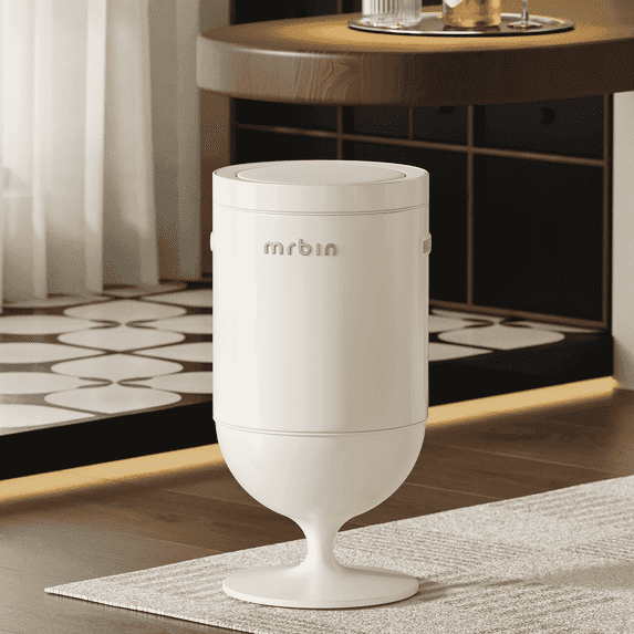 Mrbin Metal Bathroom Motion Sensor Trash Can with Lid, 5.3 Gallon Wine Glass Shaped Automatic Waste Basket Touchless, Smart Round Tall Garbage with High Leg for Office, Bedroom, Kitchen, Cream White