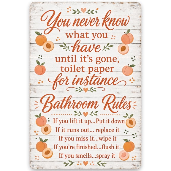 Metal Bathroom Rules Sign with Humorous Quote, Peach Design, Vintage Style Wall Decor for Indoor/Outdoor Use, Easy Hanging, 8x12 Inch Iron Plaque, Rustic Home Decor Art