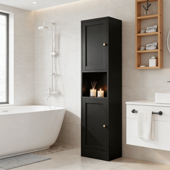 Metal Bathroom Storage Cabinet, 67" Tall Narrow Freestanding Floor Cabinet with Adjustable Shelves and Open Compartment, Slim Metal Locker for Laundry, Kitchen, Dining Room
