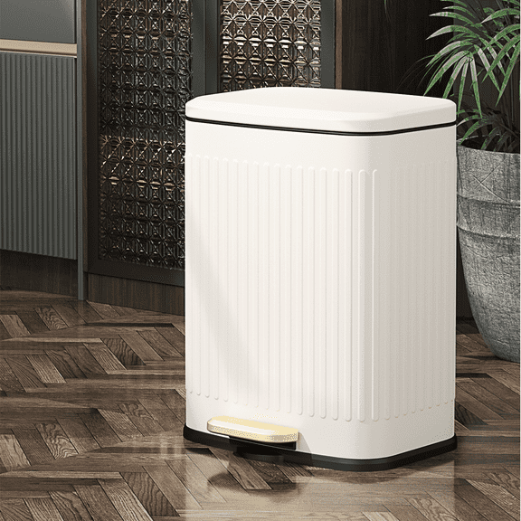 Metal Bathroom Trash Can with Lid, Step Small Kitchen Waste Basket Touchless Soft Close, 12L / 3.2gal Rectangle Garbage Bucket with Stainless Steel Pedal for Office, Bedroom Accessories, White