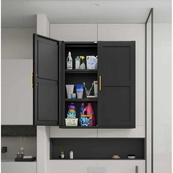 Metal Bathroom Wall Cabinet with Door and Adjustable Shelves, Kitchen Hanging Cabinets, Buffet Sideboard Cabinet, Floor Cupboard, Over The Toilet Storage Cabinets, Black Wall-Mounted Cabinet
