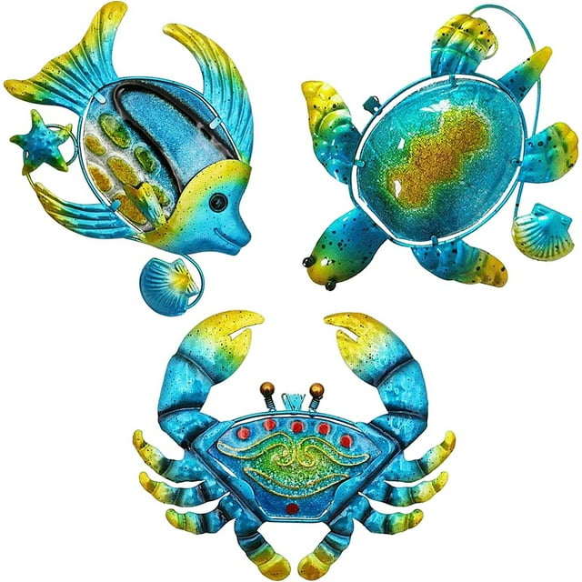 Metal Beach Wall Art Decor Outdoor, Set of 3 Stained Glass Sea Turtle