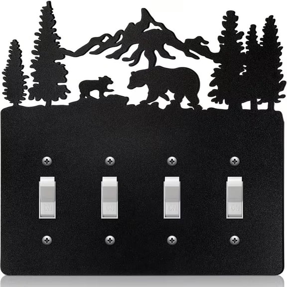 Metal Bear Switch Cover - Moose Tree Mountain Elk Black Light Plate for Home Bedroom - Forest Outlet Cover Toggle Switch Wall Plate (Quadruple Toggle)
