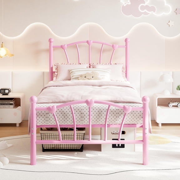 Metal Bed Frame, Bed Frames for Girls, Heavy-Duty Platform Bed with Heart-Shaped Design Headboard & Footboard, No Box Spring Needed, Easy Assembly