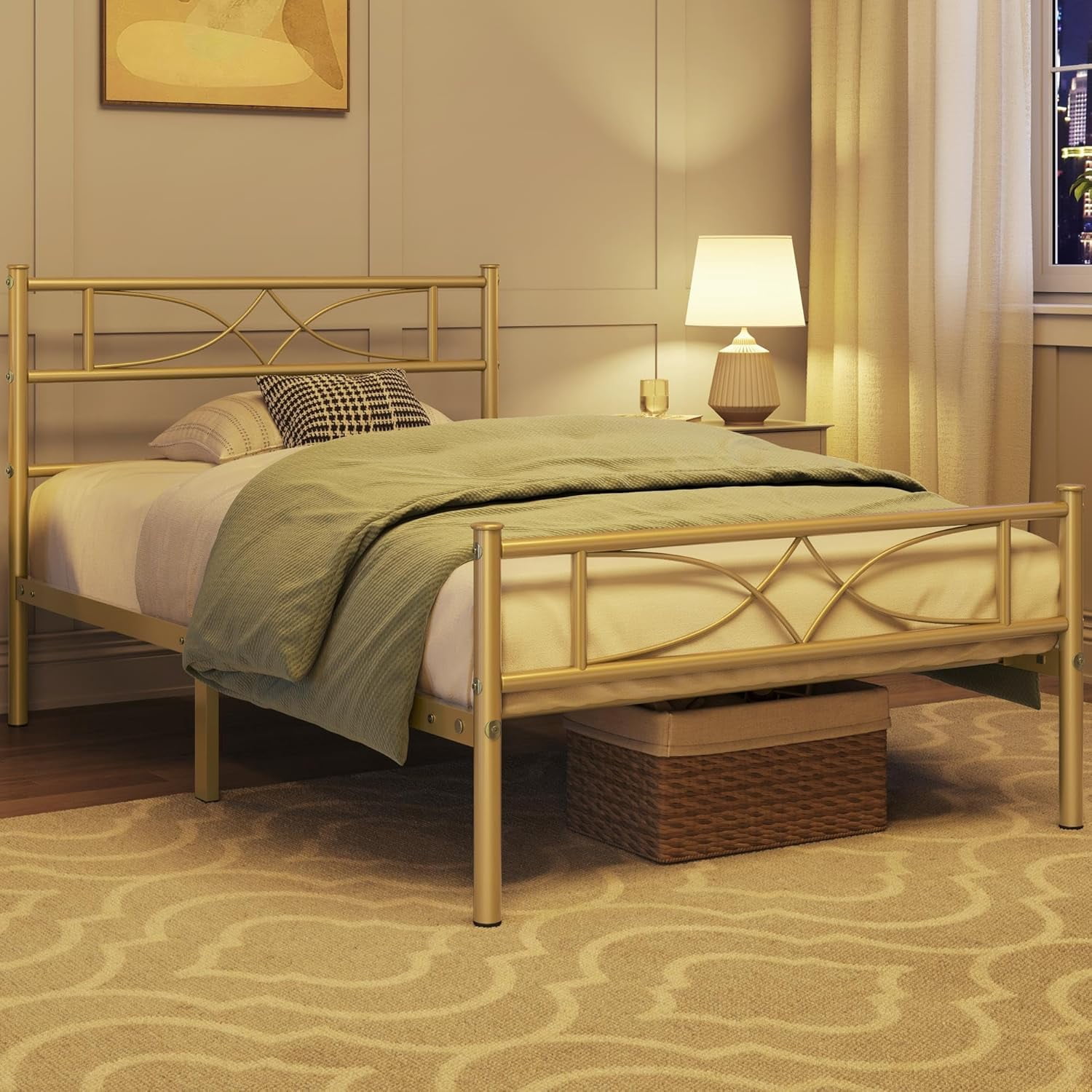 Metal Bed Frame with Curved Design Headboard and Footboard,13 Inches