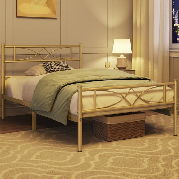 Metal Bed Frame with Curved Design Headboard and Footboard,13 Inches Underbed Storage, 12 Built-in Steel Slats, No Box Spring Needed, Twin,Antique Gold