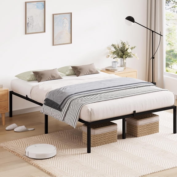 Metal Bed Frame,Full Size Bed Frame with Storage Space,Heavy Duty Sturdy Mattress Foundation,Easy Assembly,No Box Spring Needed, Black,14 Inch,Full