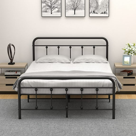 Metal Bed Frame Full Size with Victorian Headboard and Footboard Mattress Foundation No Box Spring Needed