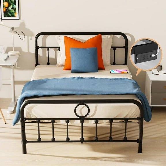 Metal Bed Frame with Headboard, Detachable USB Charging Station,Twin, Full, Queen, King Sizes Bed Frame, 12-Inch Clearance, Strong Metal Slats Support, Classic Black (Full)