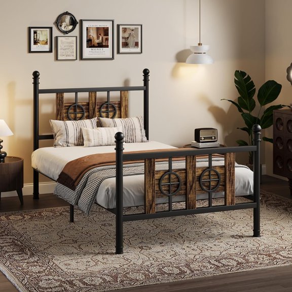 Metal Bed Frame with with Headboard and Footboard, Industrial Circular Design Bed Frame No Box Spring Required, Heavy Duty Steel Slat Noise-Free, Easy Assembly