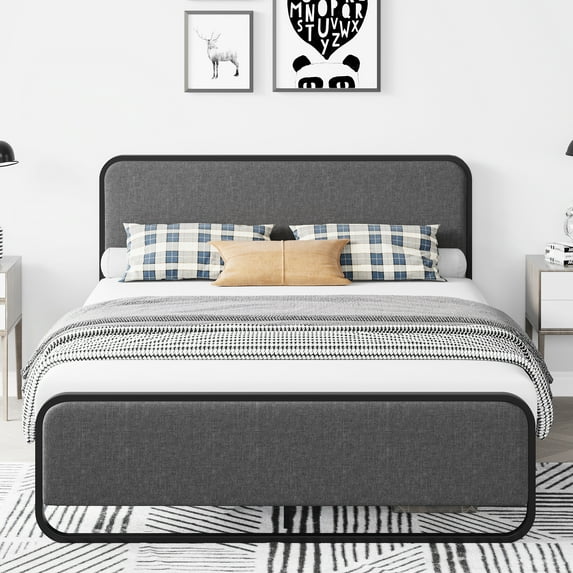 Metal Bed Frame, Heavy Duty Platform Bed with Curved Upholstered Headboard and Footboard, 10'' Underbed Space, No Box Spring Needed, Easy Assembly