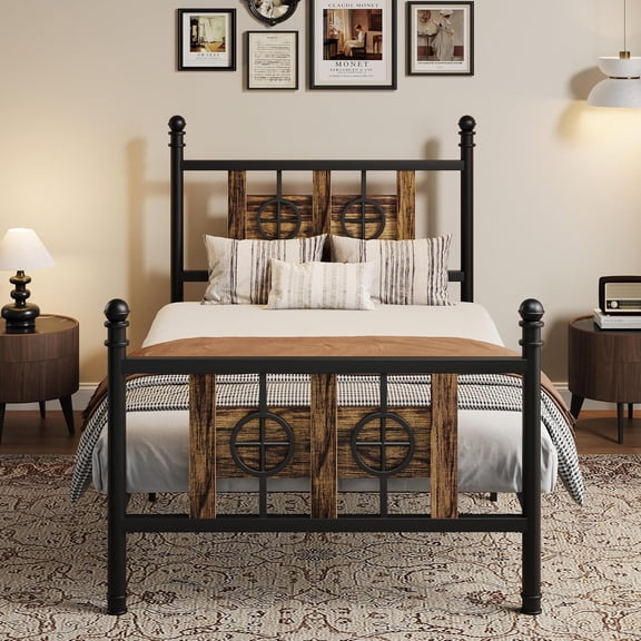 Platform Bed Frame with All-metal heavy-duty structure with powder coating, Vintage industrial style with wood and circular accents for Bedroom,Twin