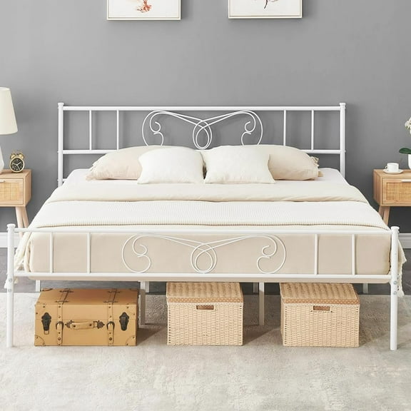 Metal Bed Frame Platform With Fashion Headboard And Footboard Metal Bed Mattress Foundation With 13.7" Storage No Box Spring Needed Easy Assembly