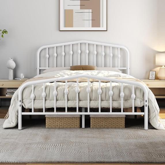 Metal Bed Frame Queen Size Metal Platform Bed Frame with Victorian Style Headboard/Footboard/Easy Assembly/No Box Spring Needed/White Smoke