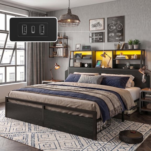 melmine Metal Bed Frame Queen with 3-Tier Storage Headboard Metal Bed Frame with 2 Underbed Drawers & 2 Side Drawers & LED Light,Black