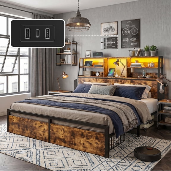 Metal Bed Frame Queen with 3-Tier Storage Headboard Metal Bed Frame with 2 Underbed Drawers & 2 Side Drawers & LED Light,Rustic Brown
