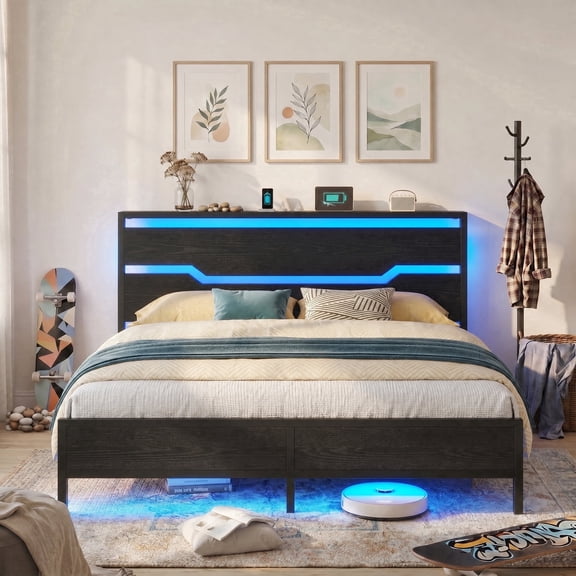 melmine Metal Bed Frame Queen with Wood Headboard and Footboard Bed Frame with Storage & Charge Station & LED Light,Black