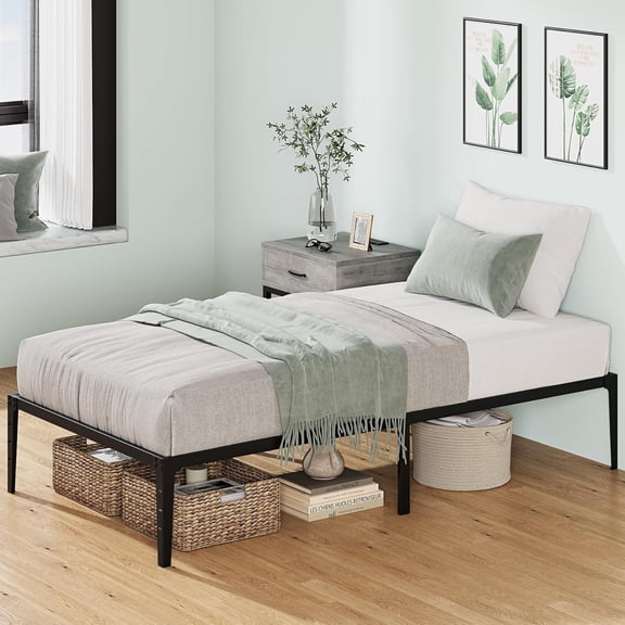 Metal Bed Frame Twin Size, Twin Bed Frame with Storage, Heavy Duty Metal Mattress Foundation,No Box Spring Needed, Noise Free,Twin Size, Matte Black