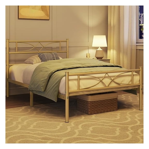 Metal Bed Frame with Curved Design Headboard and Footboard,13 Inches Underbed Storage, 12 Built-in Steel Slats, No Box Spring Needed, Twin,Antique