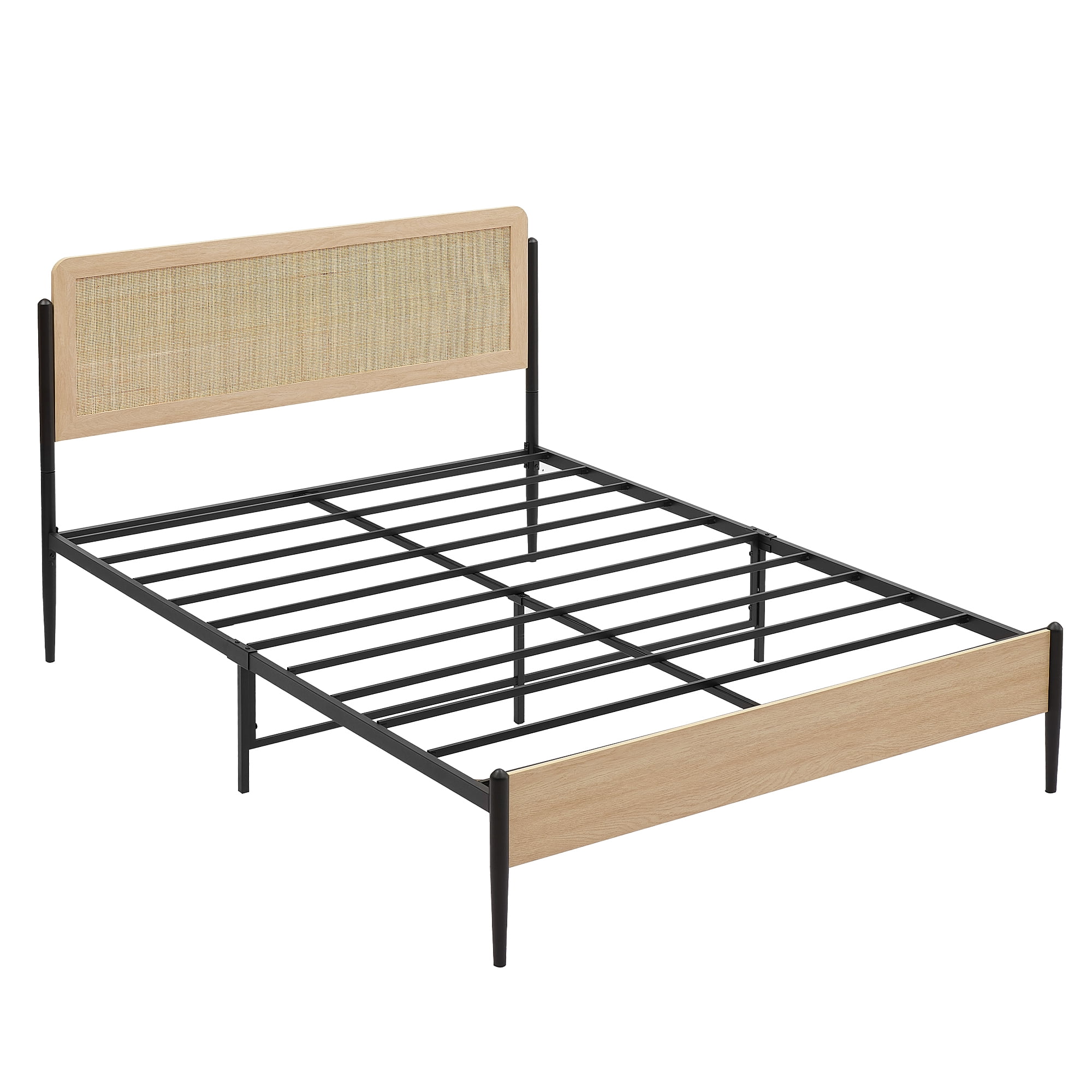 Metal Bed Frame with Curved Rattan Headboard and Wood Footboard