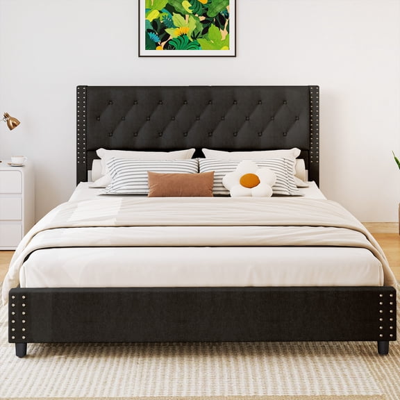 Metal Bed Frame with Headboard Wood Slat Support 4 Storage Drawers Faux Leather Upholstered for Home No Box Spring Needed Easy Assembly