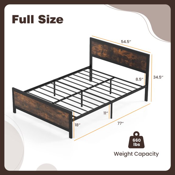 Metal Bed Frame with Headboard and Footboard, Full Size, Powder-Coated Metal Slats, Rustic Wood Grain, 11" Under-Bed Storage