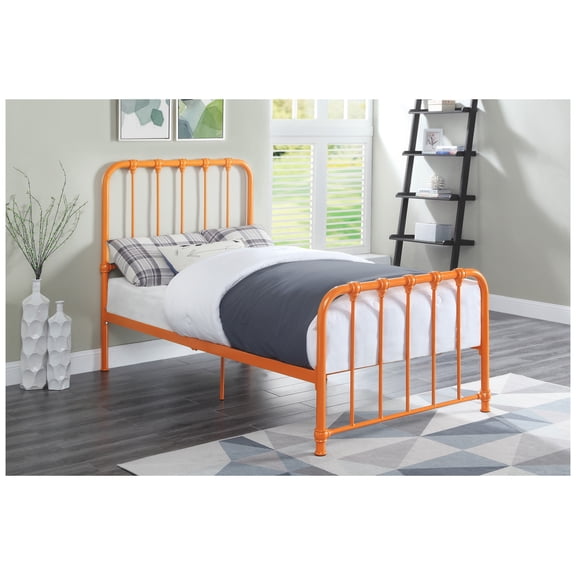 Metal Bed Orange Finish Twin Platform Bed 1pc, Bed in a Box Box Spring Not Required + Twin + Orange + Metal + Bedroom + Bed Frame + Metal