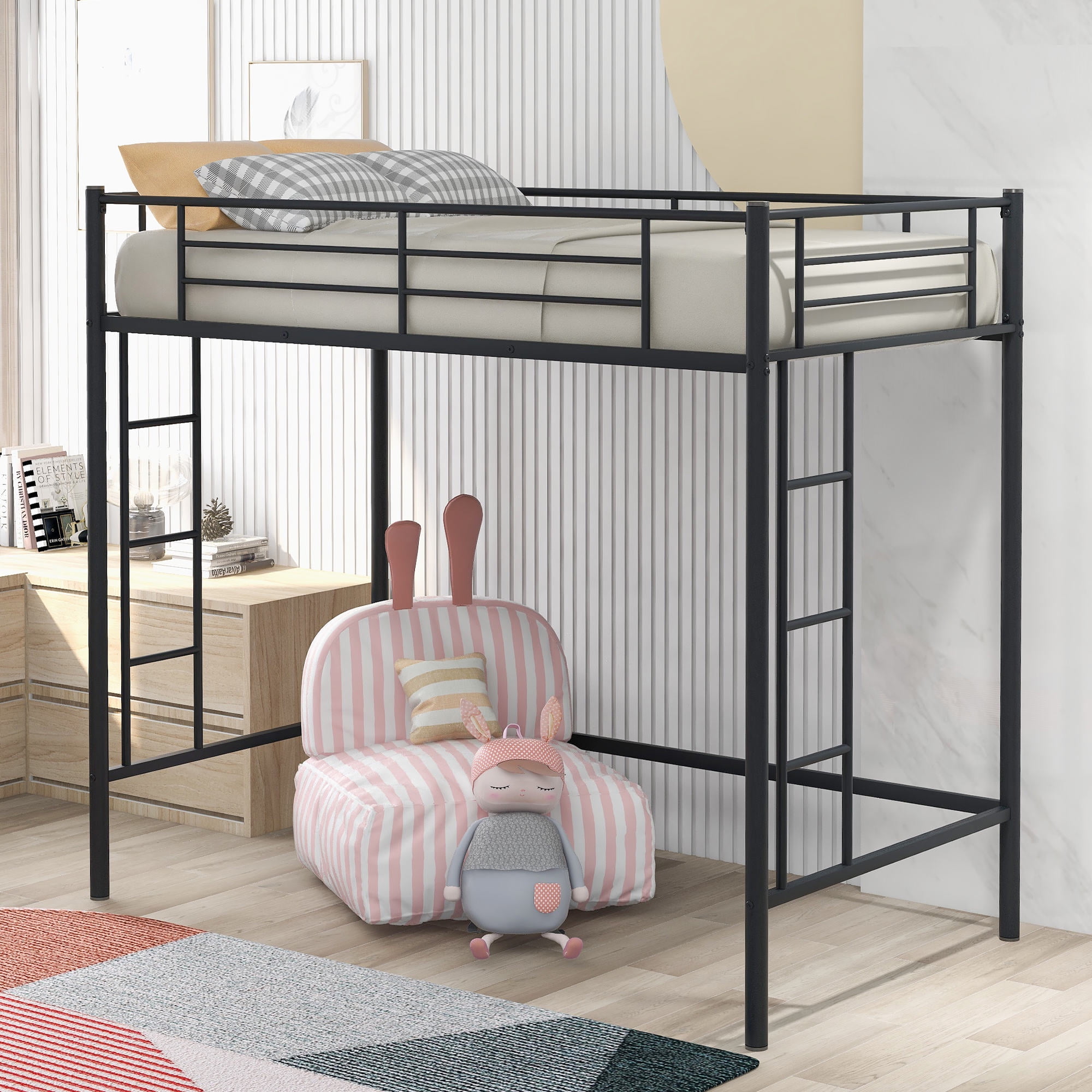 Metal Bed, Twin Size Loft Bed with Sturdy Steel Frame, Loft Bed with