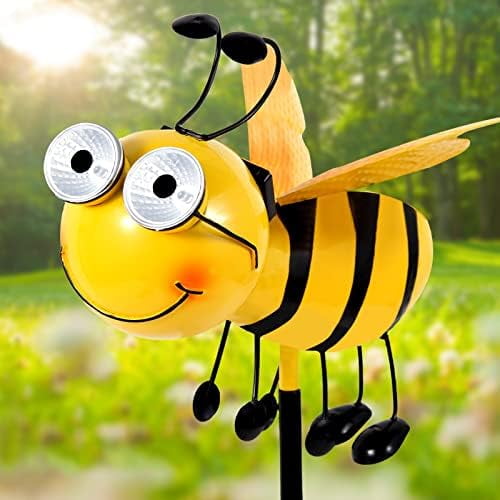 Metal Bee with Solar Light Eyes Bee Yard Art Garden Decorations - Decorative Garden Stakes for Garden Lawn Fence Backyard Patio Outdoor Wall Art Gifts$$Garden & Patio