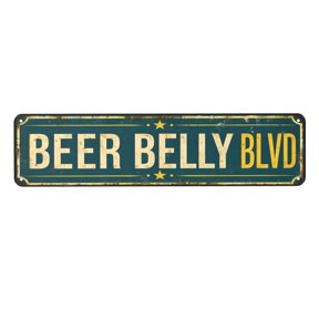 Metal Beer Belly Blvd Wall Decor Sign with Pre-Drilled Holes for Easy Hanging, Rustic Vintage Style Indoor Outdoor 4X16 Inch Plaque for Bar Man Cave Decor