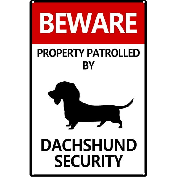 Metal Beware Property Patrolled By Dachshund Security Sign - Traffic Road Tin Sign for Outdoor Coffee Shop Bar Club 8x12 Inches