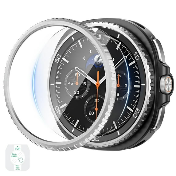 Metal Bezel for Samsung Galaxy Watch 8 Classic 46mm with Screen Protector Auto-Alignment Tempered Glass, Bezel Ring Cover Slim Face Protection,Frosted Silver