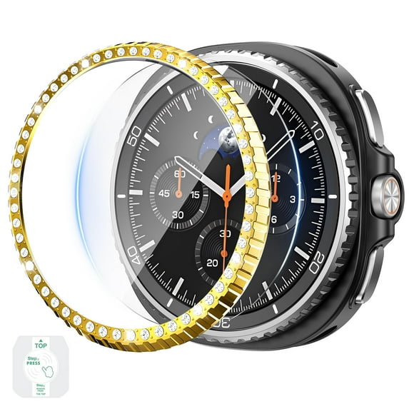 Metal Bezel for Samsung Galaxy Watch 8 Classic 46mm with Screen Protector Auto-Alignment Tempered Glass, Bezel Ring Cover Slim Face Protection,Gold (Diamond)