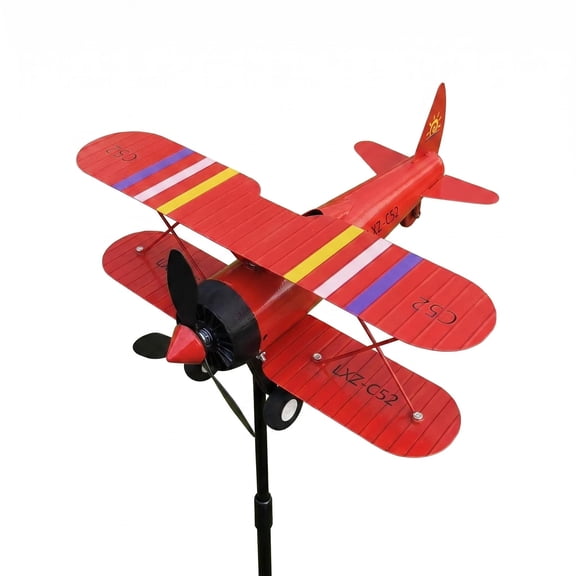 Metal Biplane Airplane Wind Spinner - Weatherproof Garden Yard Art, Rotating Propeller, Dual-Use Outdoor Stake & Indoor Decorative Ornament, Vintage Aircraft Model for Lawn Patio