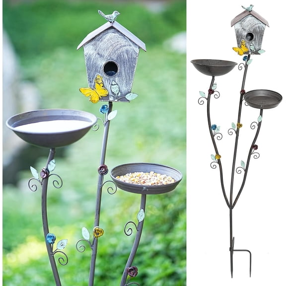 Metal Bird Bath Bowl and Bird House 3-in-1 Design for Outdoors, Garden Yard Decor